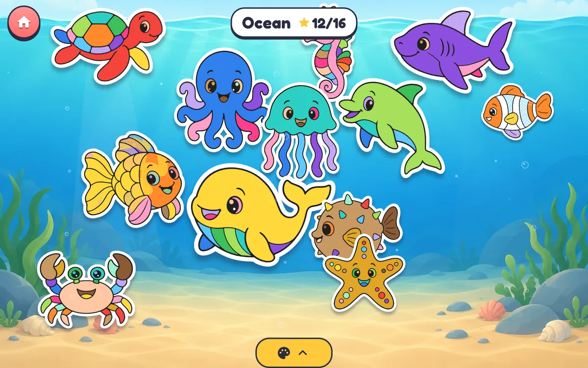 The ocean world in Pastelings: a turtle, an octopus, a whale and other colored sea friends swimming.